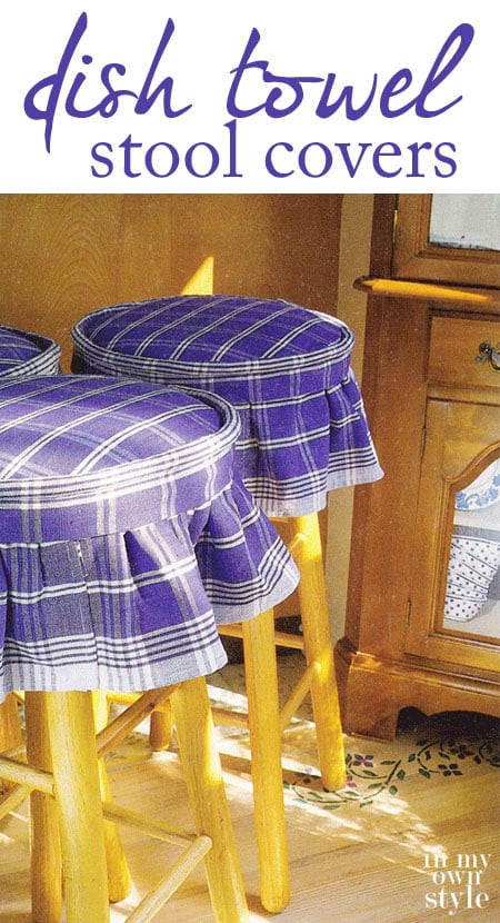 Cover stool or any chair seat with colorful dishcloths. They are fun and affordable when decorating on a budget.