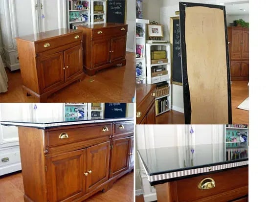 4 images showing how to repurpose a sideboard into a craft work table