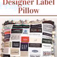creative throw pillow made using labels from clothing