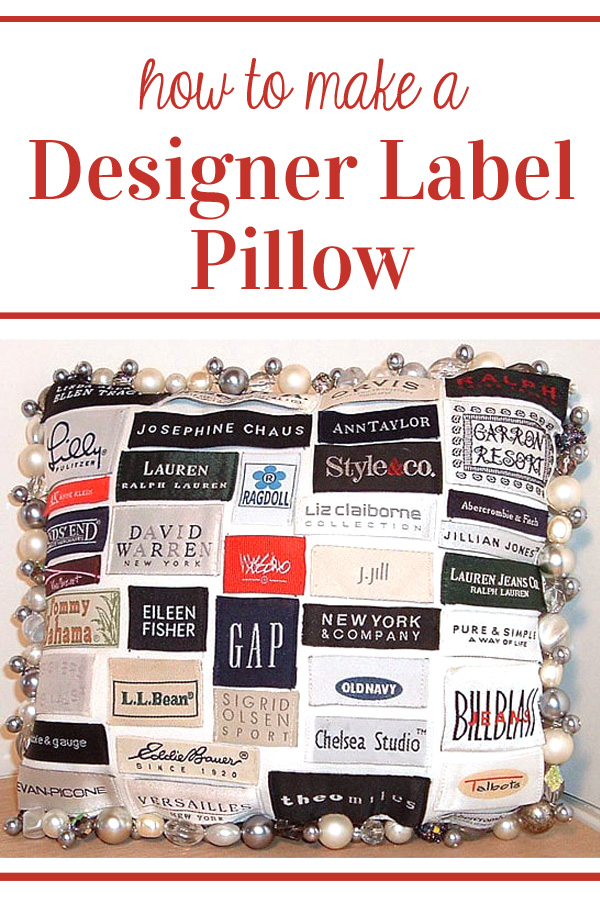 creative throw pillow made using labels from clothing