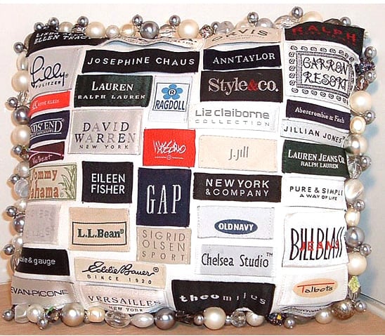 Decorative pillow made using designer clothes labels