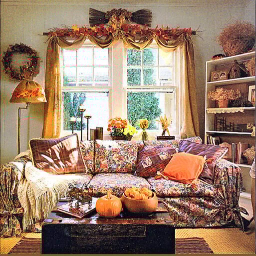 Living room decorated for fall using brown, rust and orange