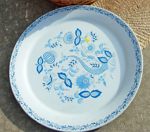 where you can find a white and blue patterned serving tray