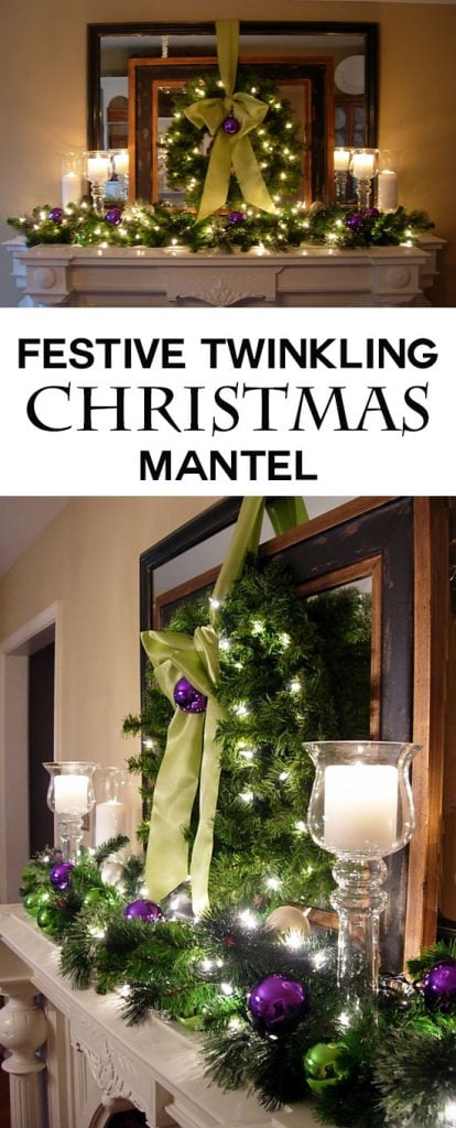 Christmas mantel decorating idea that has twinkling lights.