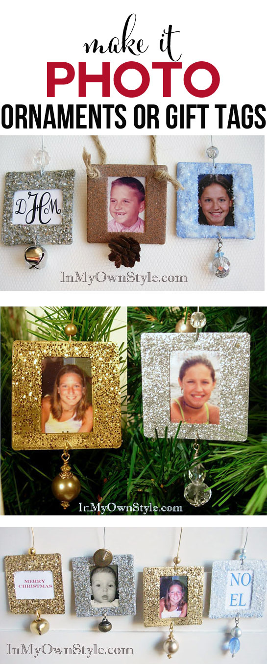 Handmade Christmas Ornaments to make. Glittery photo Christmas tree ornament ideas.