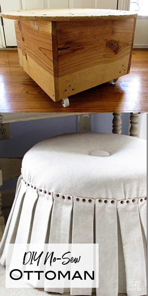 Complete DIY Rolling Ottoman with No-Sew Cover. #Ottoman #DIY #NoSew #DIYProjects 
