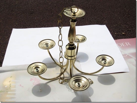 Transform this basic brass chandelier from the thrift store into on that looks like and expensive Pottery Barn outdoor candle chandelier.