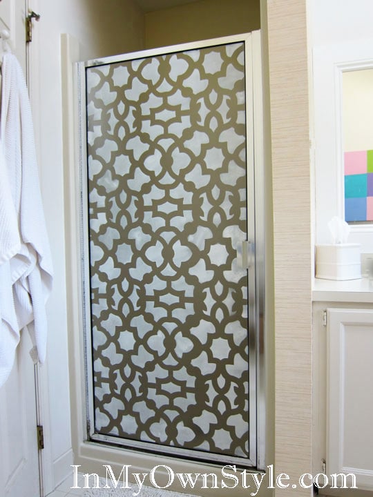 Stencil on a shower door with a cutting edge stencil