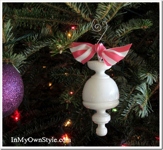 wood curtain rod finial repurposed into a Christmas tree ornament
