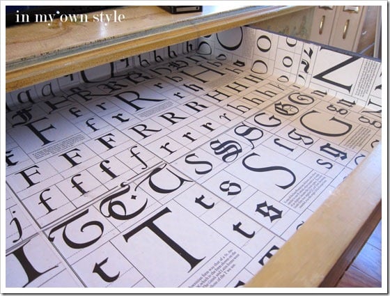 Finsihed-drawer-liner made with block letter book pages
