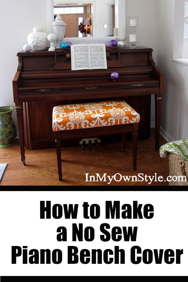 Completed no sew orange and white piano bench cushion cover.