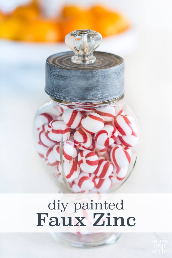 Faux Zinc painted tuna can to make a top for a candy jar.