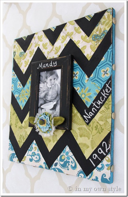 completed Chevron fabric and chalkboard frame