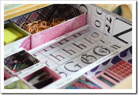 Furniture makeover of the inside of a desk drawer using cut up book pages to line it.- before and after