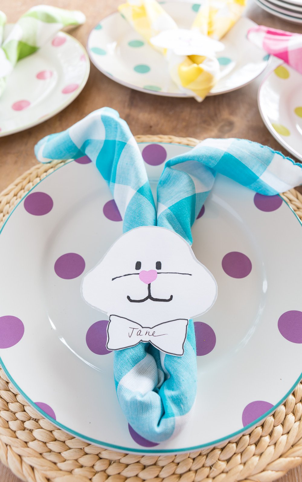 Pastel turquoise Buffalo Check Napkin made into an Easter dinner place card and napkin holder.
