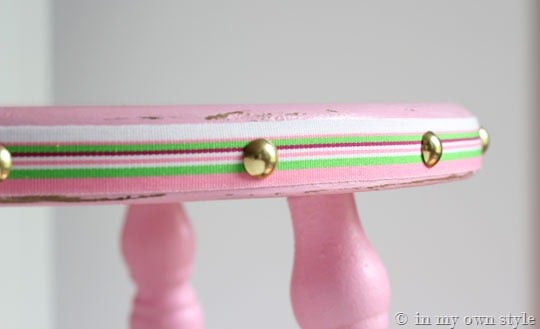 Chalk painted stool with ribbon and nail head accent