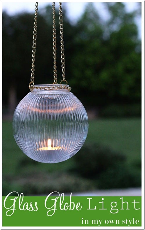 How To Make Outdoor Glass Hanging Lights using an inexpensive globe light shade and chain bought at the home improvement store. #outdoordecor #outdoorlighting #yardlights #DIYlighting #globelights
