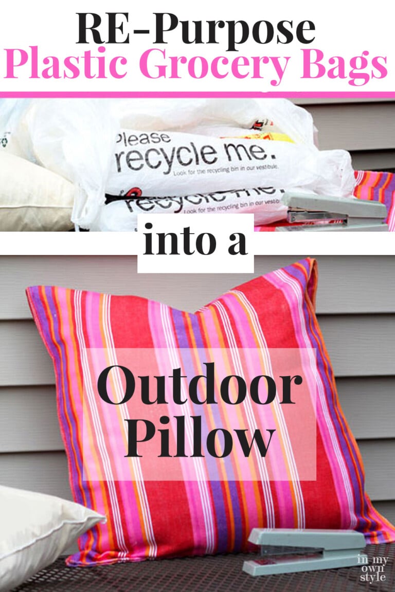 Pretty Outdoor pillow made using plastic grocery bags.