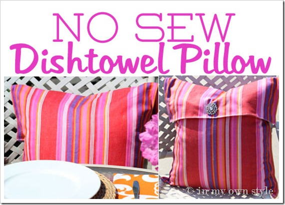 No-Sew-Pillow-cover made using a dishtowel.  Shown a pink, red and purple striped dishtowel.
