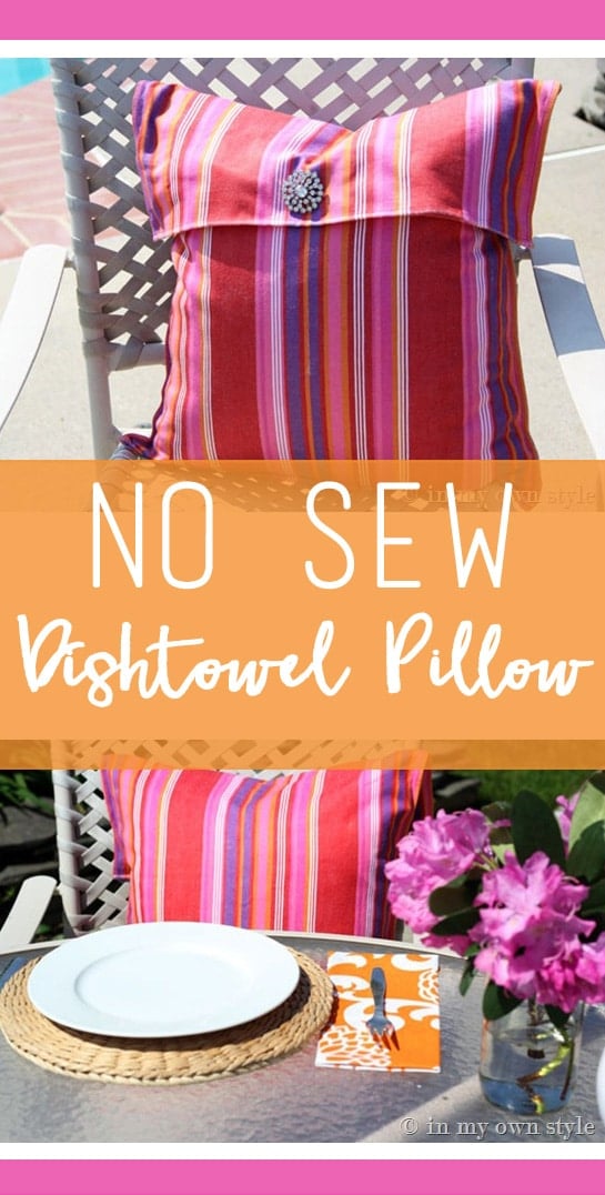 Pink and red striped No Sew Dishtowel Pillow on outdoor chair.
