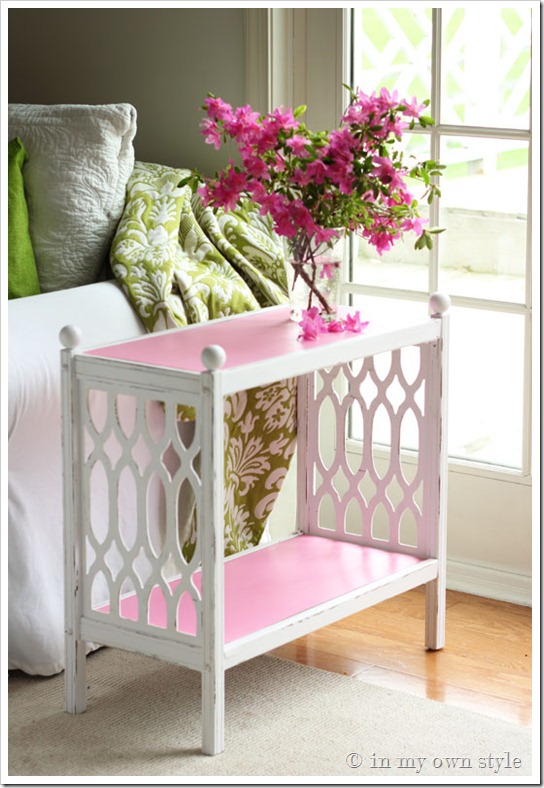 Chalk Painted furniture side table next to white slipcovered chair