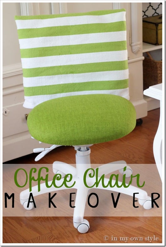 How to cover an office chair with pretty or colorful fabric to coordinate with your decor. Easy project. #officechair #DIYdecor #officechairmakeover