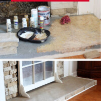 Image shows hearth getting painted and finished. Text overlay says Painted Hearth
