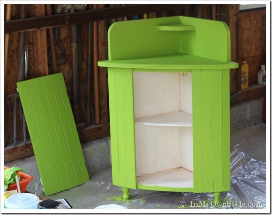 chalk painted corner cabinet before getting antiquing glaze