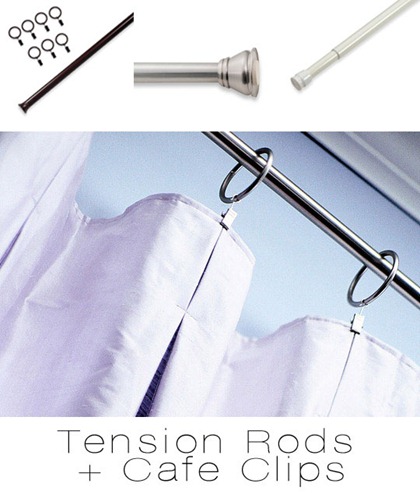 Tension rods and clips holding up a white curtain that can be used when decorating a college dorm room.