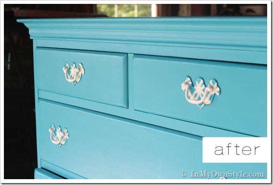 How to paint furniture tutorial showing the after image of a turquoise painted chest of drawers.