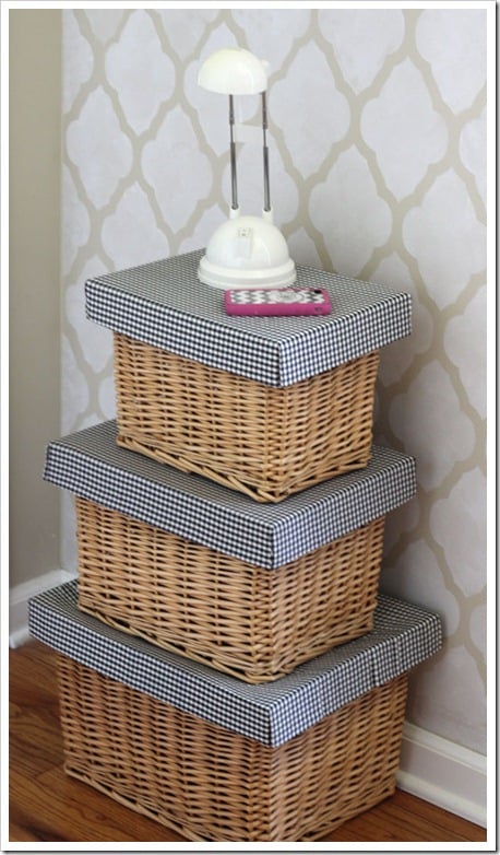 DIY Dorm room storage ideas using stacking wicker baskets that you make lids for. An easy DIY.