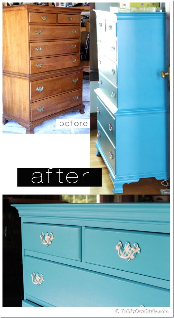 Chest of drawers before and after painting images.