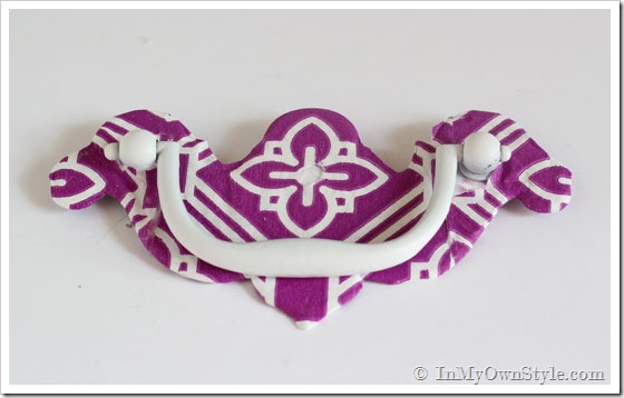 Purple and white patterned Napkin-covered-drawer-pull