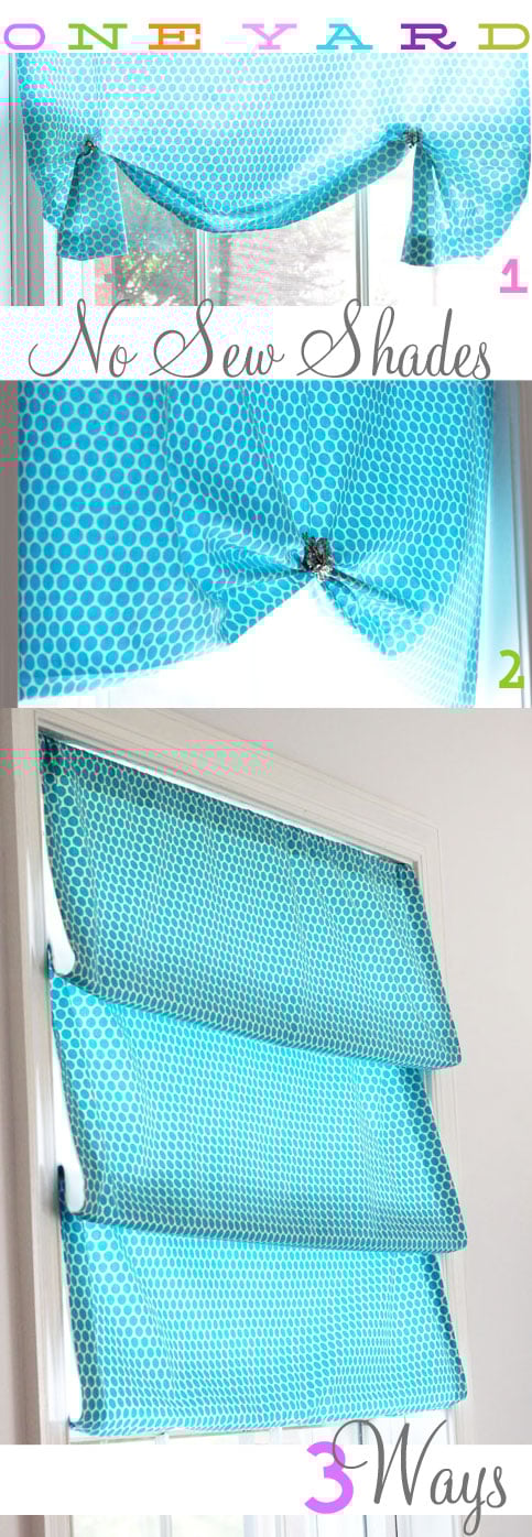 Turquoise and white no-sew window treatment shade that can be styled in different ways
