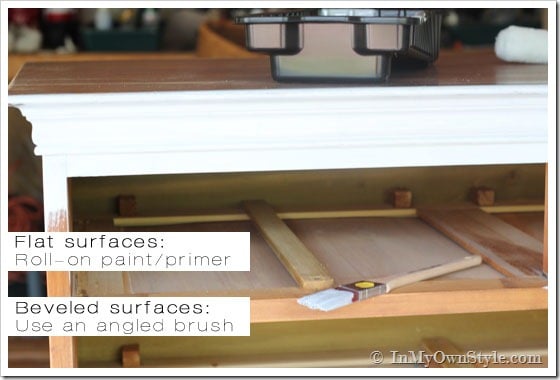 Painting-furniture-tips showing where to use a paint roller and where to use a paint brush.