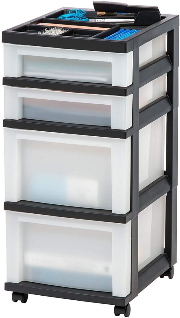 plastic rolling cart with drawers for dorm rooms.