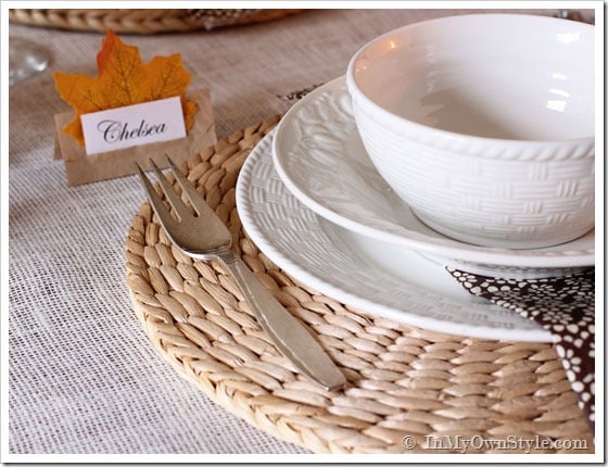Thanksgiving table place setting idea using a paper bag as a place card holder.