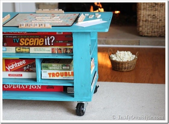 How to makeover a plain coffee table into a rolling game table.