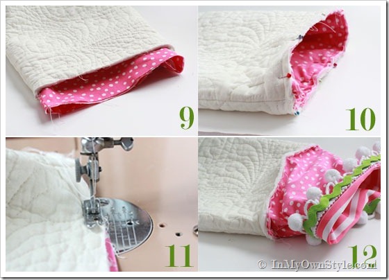 Steps showing how to sew a Christmas stocking together.