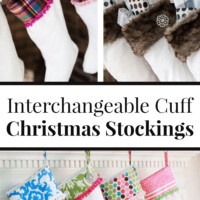 Photo showing completed Christmas stockings all made with different fabric cuffs.