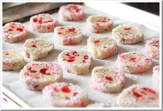 Pecan Cherry cookies on a cookie sheet ready to be baked