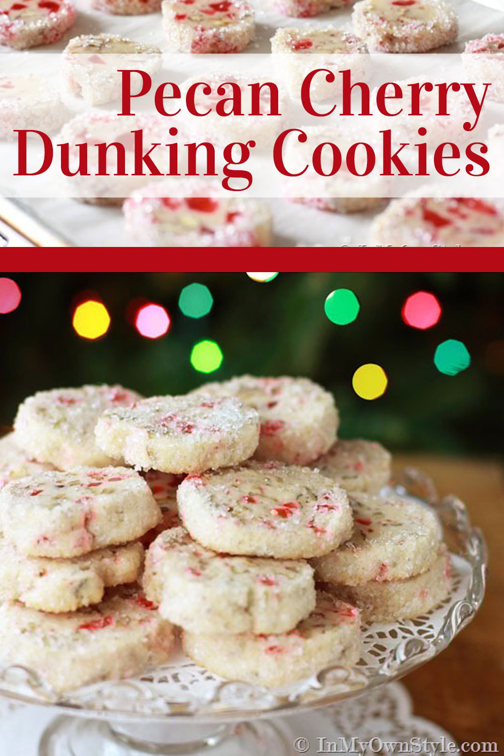 Pecan Cherry Dunking Cookies on glass plate stand with a graphic overlay that says Pecan Cherry Dunking Cookies