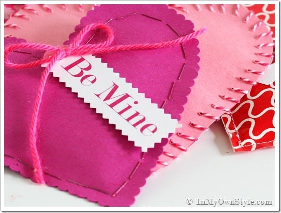Two pink Valentine's Day heart pouches made using paper