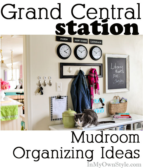 Creative decorating and organizing ideas for a mudroom. Create city signs to go above time zone wall clocks. Include your town in the line up so it looks like a chic destination. | In My Own Style