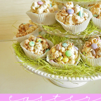Popcorn Cake Recipe in cupcake form or cake stand.