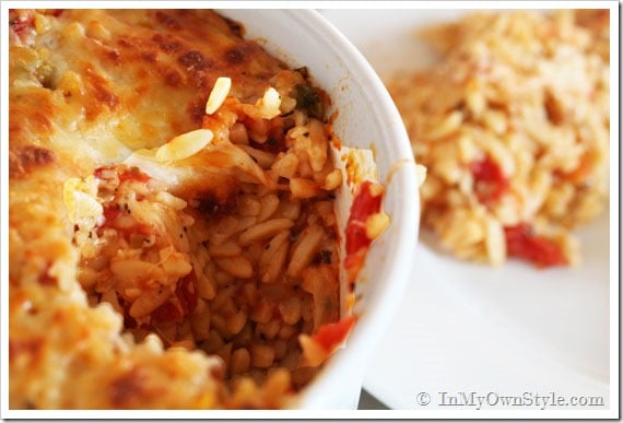 Baked-Mozzarella-Orzo-Recipe-Served-on-dinner-plate
