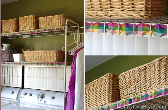 Colorful ribbon woven through the front of wire shelving.
