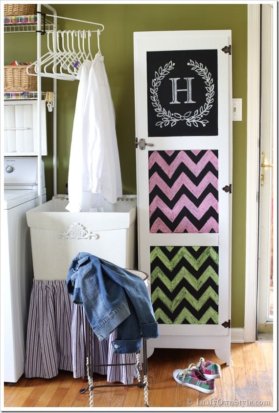Painted Furniture Ideas Makeover with paint and chevron pattern and laurel wreath.