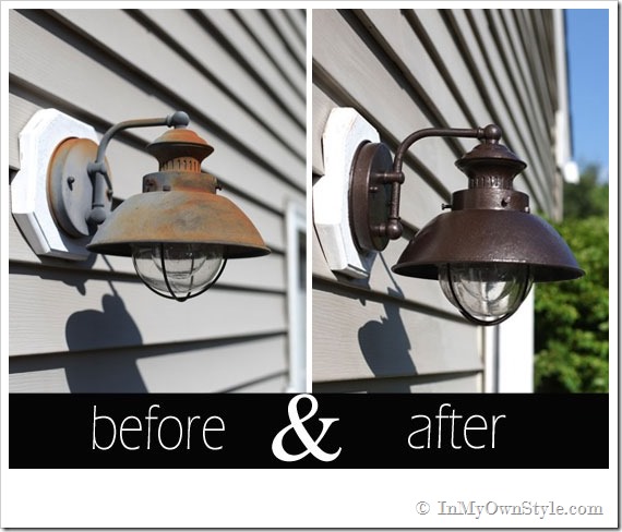Before and After photos showing how to paint a rusted light fixture