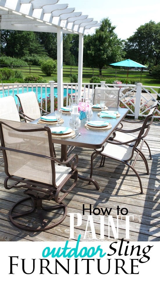 spray painted metal patio set on deck